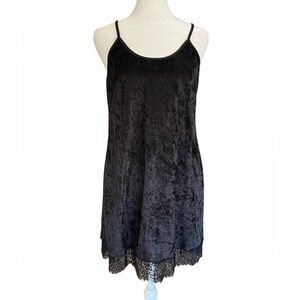 VALFRE Black LBD Crushed Velvet Lace Trim Goth Grunge Y2K Stretch Slip Dress SzL